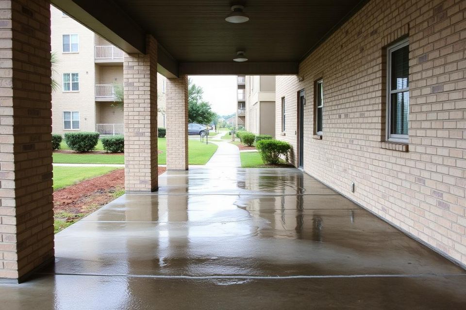 Freshly washed apartment breezeway walkway