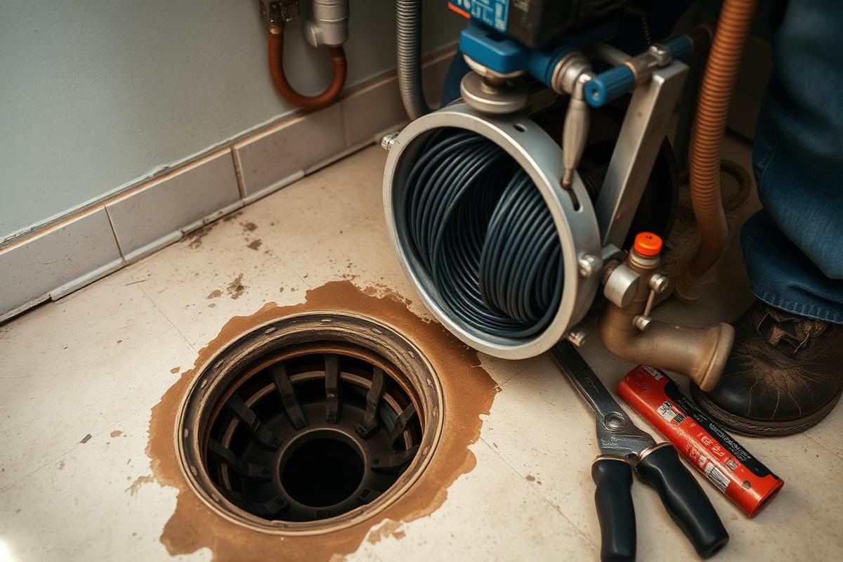 Drain cleaning machine and hand tools beside an open floor drain