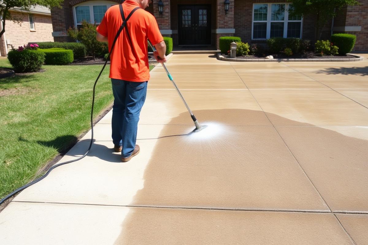 Worker pressure washing a concrete driveway at a North Austin home